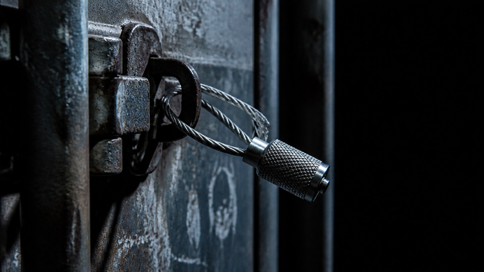 Macro shot of a steel security seal on a container door lock.