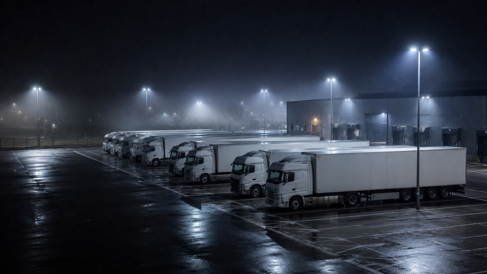 Lkw-Depot bei Nacht, Reihe von Sattelzügen auf nassem Asphalt.