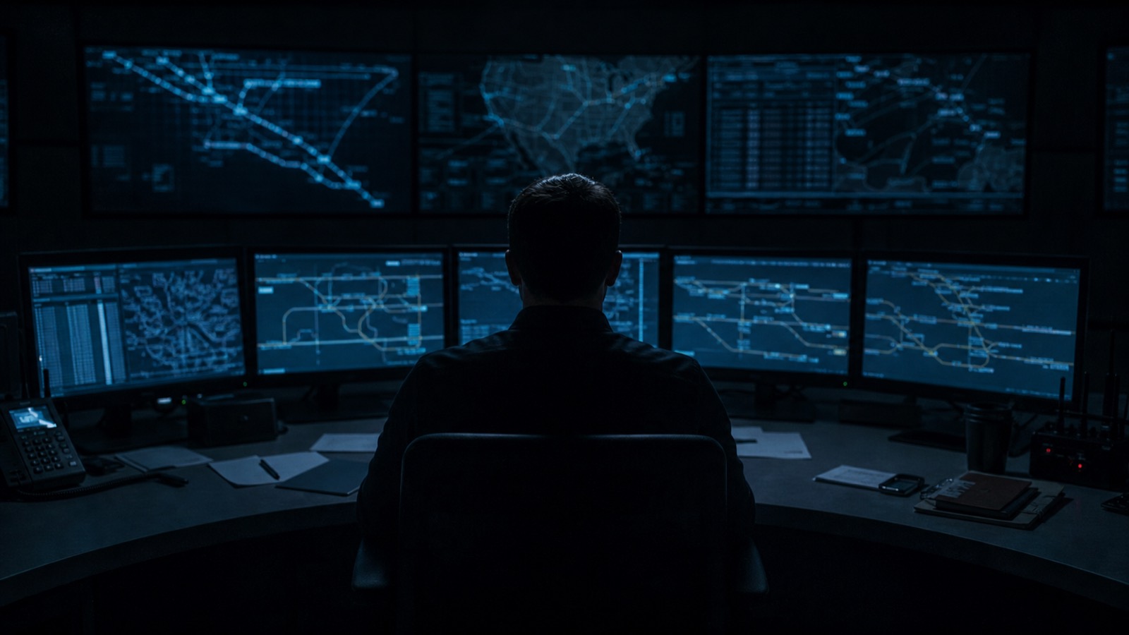 Disposition bei Nacht: Silhouette einer Person vor einer Wand aus Monitoren.